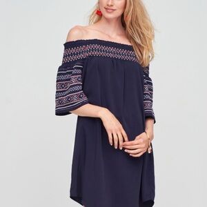 Tribal Jeans Navy Blue Off Shoulder Dress Embroidered Detail Womens Sz Medium